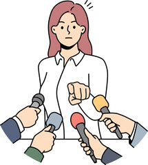 Furious businesswoman point at reporter at event