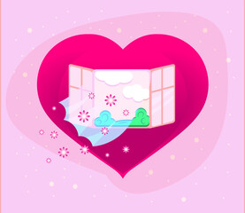 Isolated heart design element with  open window on pink background. Concept of kindness and love. Greeting card design, post, flyer, wallpaper, background.