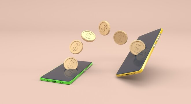Coins transaction between two mobile phones (3d illustration)