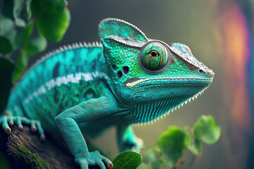 Fototapeta premium Green turquise chameleon on a branch. 3d render closeup shot, AI Generated.