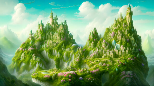 Fairytale green castle in the clouds