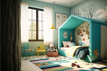  a child's bedroom with a bed and a chair and a table and a window with a tree on it and a teddy bear.  generative ai