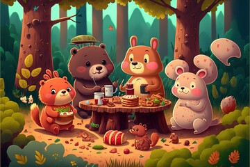 a group of animals sitting around a table in the forest eating food and drinking tea and coffee together, with a forest background behind them.  generative ai