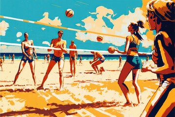 Obraz premium a painting of a group of people playing volleyball on the beach with a ball in the air and people standing on the sand behind them. generative ai