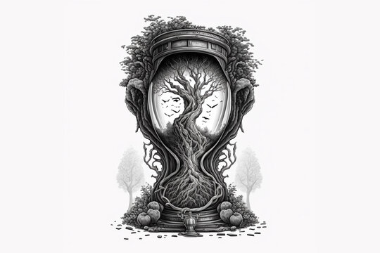 Hourglass illustration, Black & white t-shirt design, white background, generative AI	