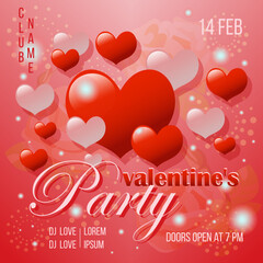 Valentine's day party invitation flyer template. Red and pink transparent hearts on pink background with dots and lights. Vector illustration, design social media post.