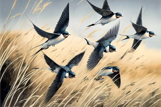  a painting of a flock of birds flying over a field of tall grass and tall grass with a blue sky in the background and a few brown grass stalks.  generative ai