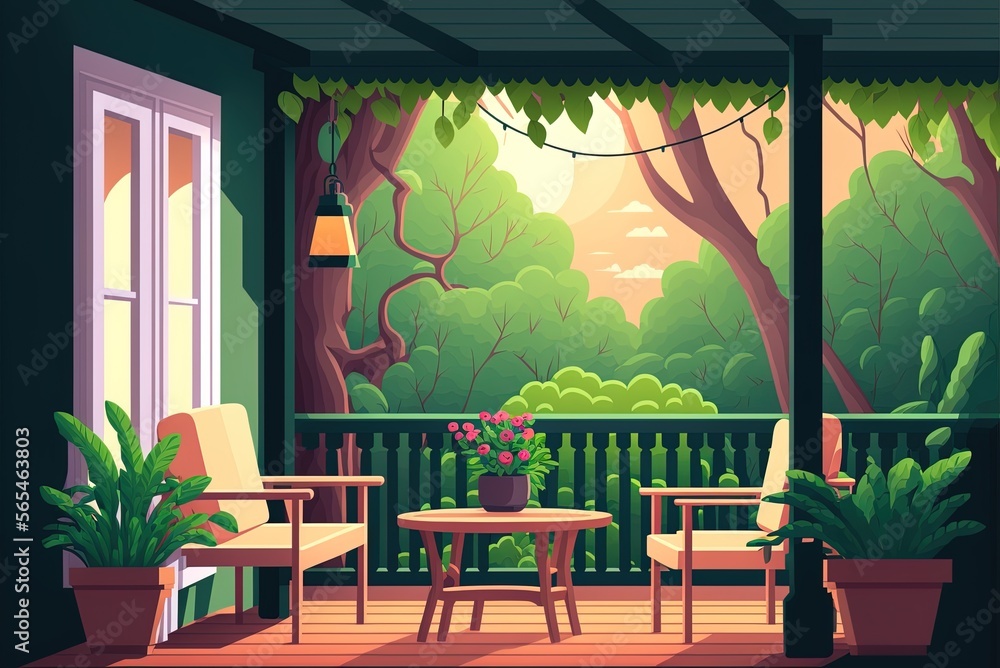 Poster prepared for 2d animation, this parallax backdrop features a home terrace with a table, couches, and