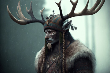 Caribou animal portrait dressed as a warrior fighter or combatant soldier concept. Ai generated