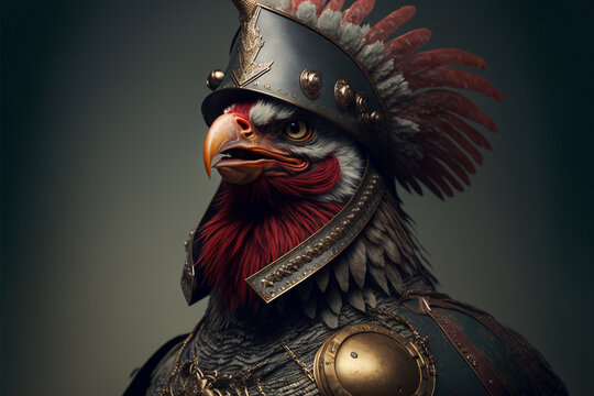 Chicken animal portrait dressed as a warrior fighter or combatant soldier concept. Ai generated