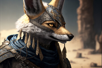 Jackal animal portrait dressed as a warrior fighter or combatant soldier concept. Ai generated