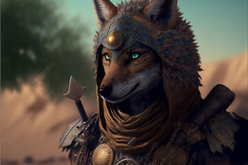 Jackal animal portrait dressed as a warrior fighter or combatant soldier concept. Ai generated