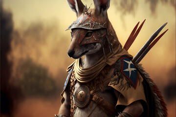 Naklejka premium Kangaroo animal portrait dressed as a warrior fighter or combatant soldier concept. Ai generated