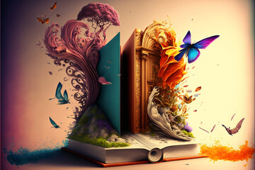 An open book with an open door and butterflies coming