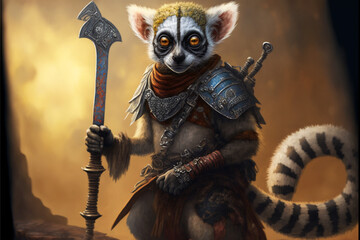Lemur animal portrait dressed as a warrior fighter or combatant soldier concept. Ai generated