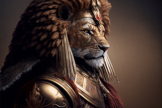 Lion animal portrait dressed as a warrior fighter or combatant soldier concept. Ai generated