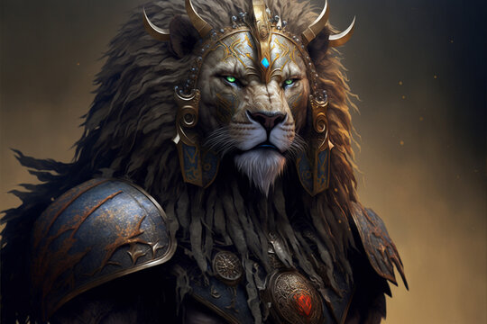 Lion animal portrait dressed as a warrior fighter or combatant soldier concept. Ai generated