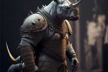 Rhinoceros animal portrait dressed as a warrior fighter or combatant soldier concept. Ai generated