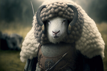 Sheep animal portrait dressed as a warrior fighter or combatant soldier concept. Ai generated