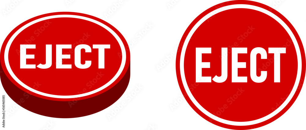 Poster Red Eject Push Button Badge Icon Set with Top and Perspective Views. Vector Image.