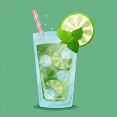 Mojito cocktail in a glass with a straw and with lime, mint leaves, ice and bubbles. Summer poster with mojito on green background. Non-alcoholic summer cocktail in a glass © Olena Lytvyn