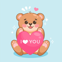 Cute cartoon teddy bear in kawaii style with heart