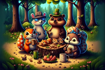 Obraz premium a painting of a forest with bears and bears having a picnic together, with a bear holding a mug and a bear holding a mug. generative ai