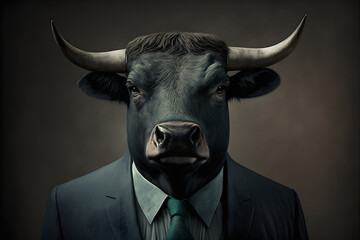 Portrait of a bull dressed in a formal business suit. 3d illustration