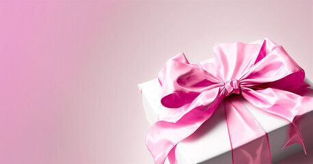 Gift box with a pink bow on pink background, space for text, top view. Generative AI