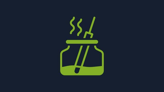 Yellow Aroma diffuser icon isolated on blue background. Glass jar different with wooden aroma sticks. 4K Video motion graphic animation