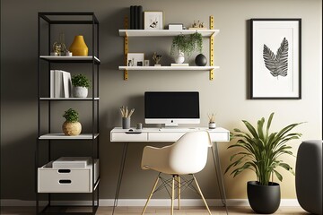  a computer desk with a computer on top of it next to a plant and a chair in front of a wall with shelves and a picture.  generative ai