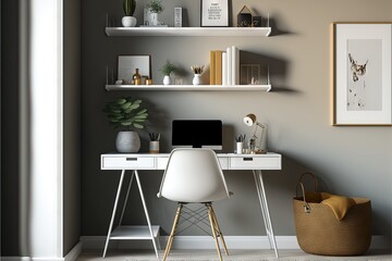  a white desk with a computer and a chair in a room with shelves and a plant on the wall and a basket with a plant.  generative ai