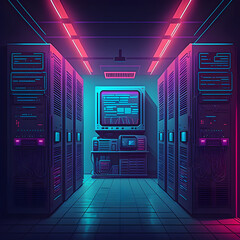 Server room interior in datacenter retrowave style 