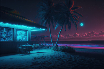 Beach at night with neon lights &mdash; Generative AI