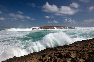 Waves crashing into Laie Point coastline at Kaawa on the North Shore of Oahu Hawaii United States