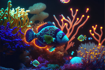 Neon fish in a bioluminescent aquarium — Generative AI