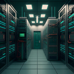 Server room interior in datacenter 64bit style, 