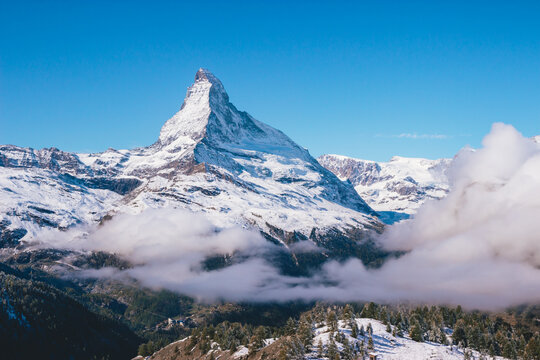 Panorama of mount matterhorn with blue sky on a sunny day