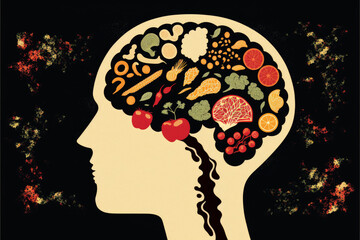 Food in a shape of a brain on dark background. Nutrition concept. Generative AI