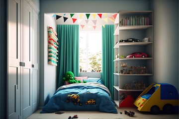  a bedroom with a bed, bookcases, and toys in it, and a green curtained window with a green curtain and a toy car.  generative ai