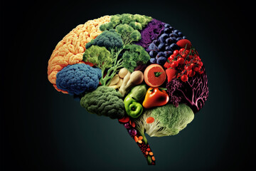 Food in a shape of a brain on dark background. Nutrition concept. Generative AI