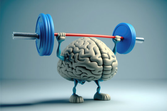 Human brain made of steel lifting a heavy dumbbell. Mind training concept. Generative AI