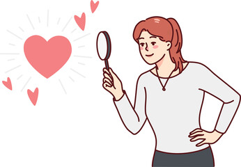 Woman using magnifier looking for love