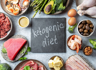 KETOGENIC DIET CONCEPT. Healthy low carb product background. Top view 