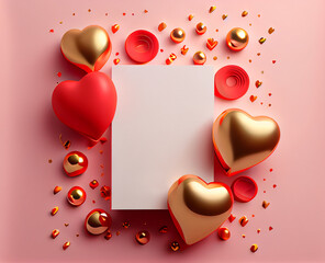 Fototapeta na wymiar Festive Valentine's background with red and gold hearts on the background. Illustration Generative AI