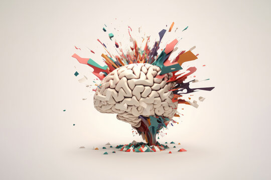 Creativity concept with a brain exploding with colorful ideas on a white background. Generative AI