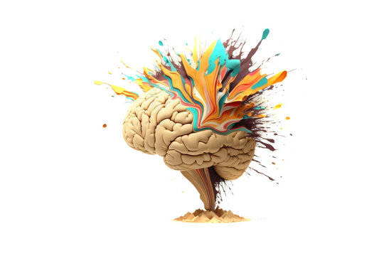 Creativity concept with a brain exploding with colorful ideas on a white background. Generative AI