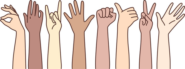 Diverse people show sign language signs © Valery