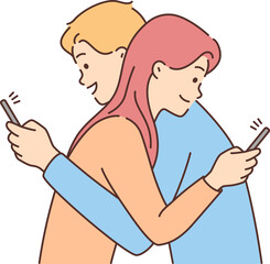 Couple hug using cellphone