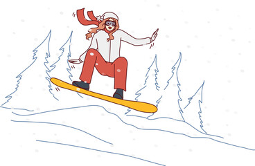 Happy woman snowboarding in mountains